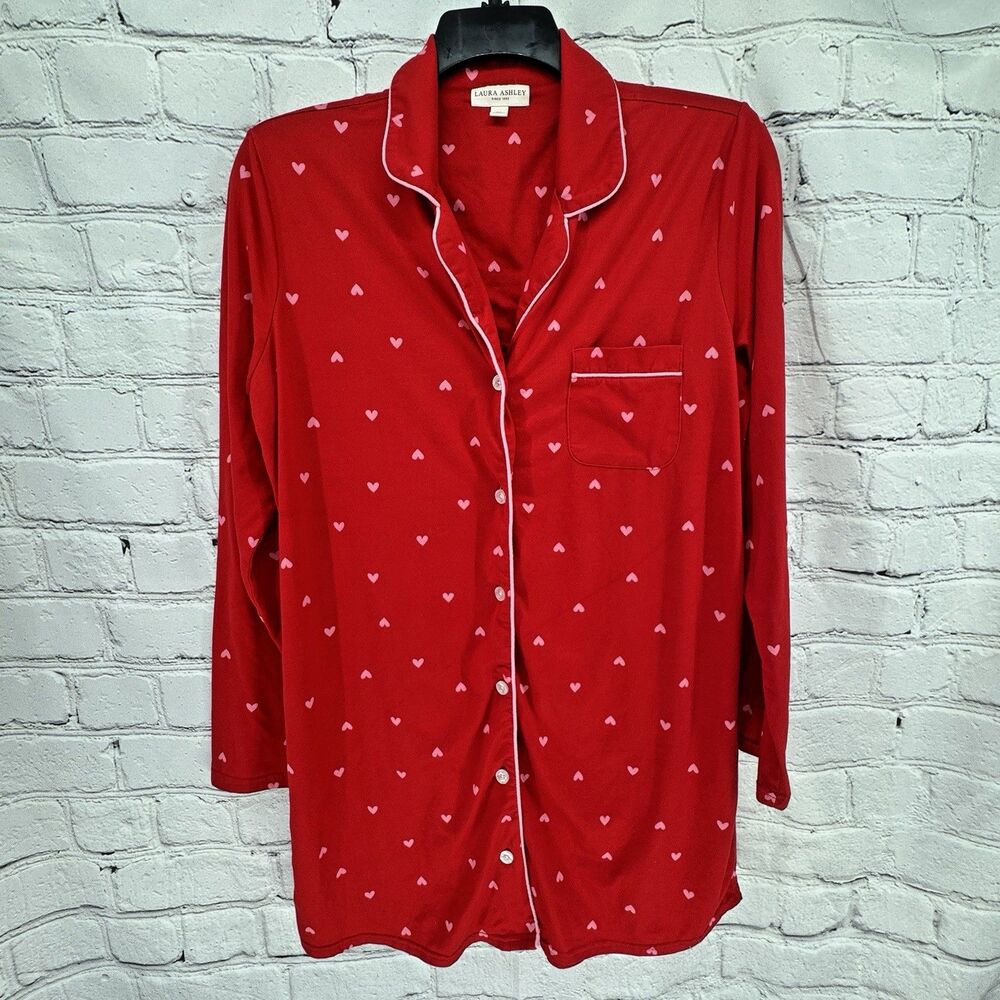 Laura Ashley Nightgown Medium Long Sleeve  Button Up Stretch Soft Red Pink Heart